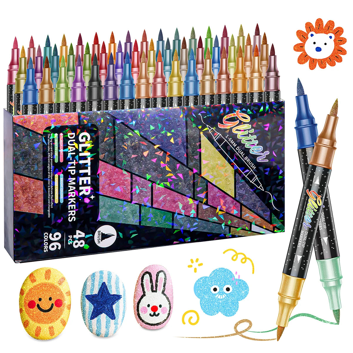 A set of 48 dual tip glitter acrylic paint markers in various colors and a brush is displayed on a box with cute stickers.