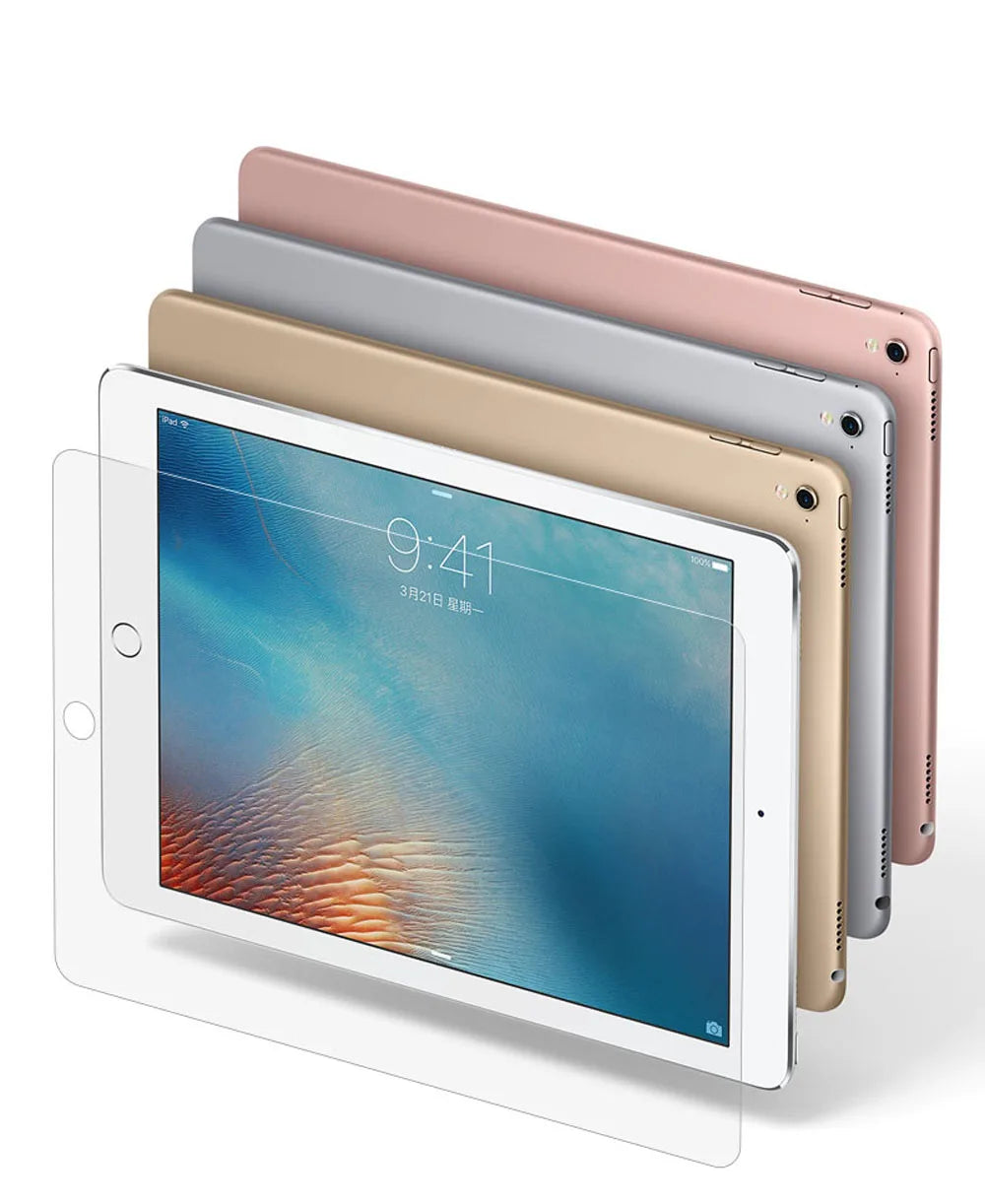 A set of HD tempered glass screen protectors for various iPad models in shades of pink, gray, and beige.