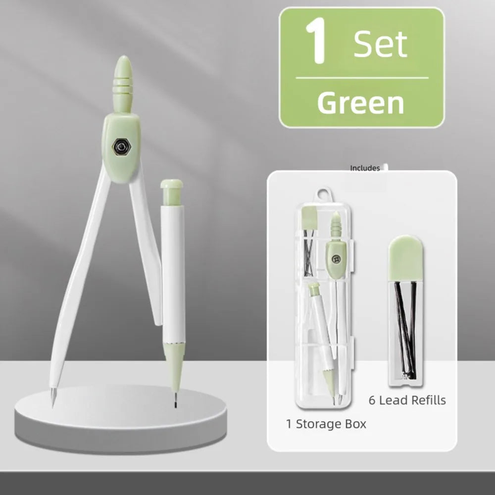 A set of green precision measuring tools, including a main device and six lead refills stored in a box.