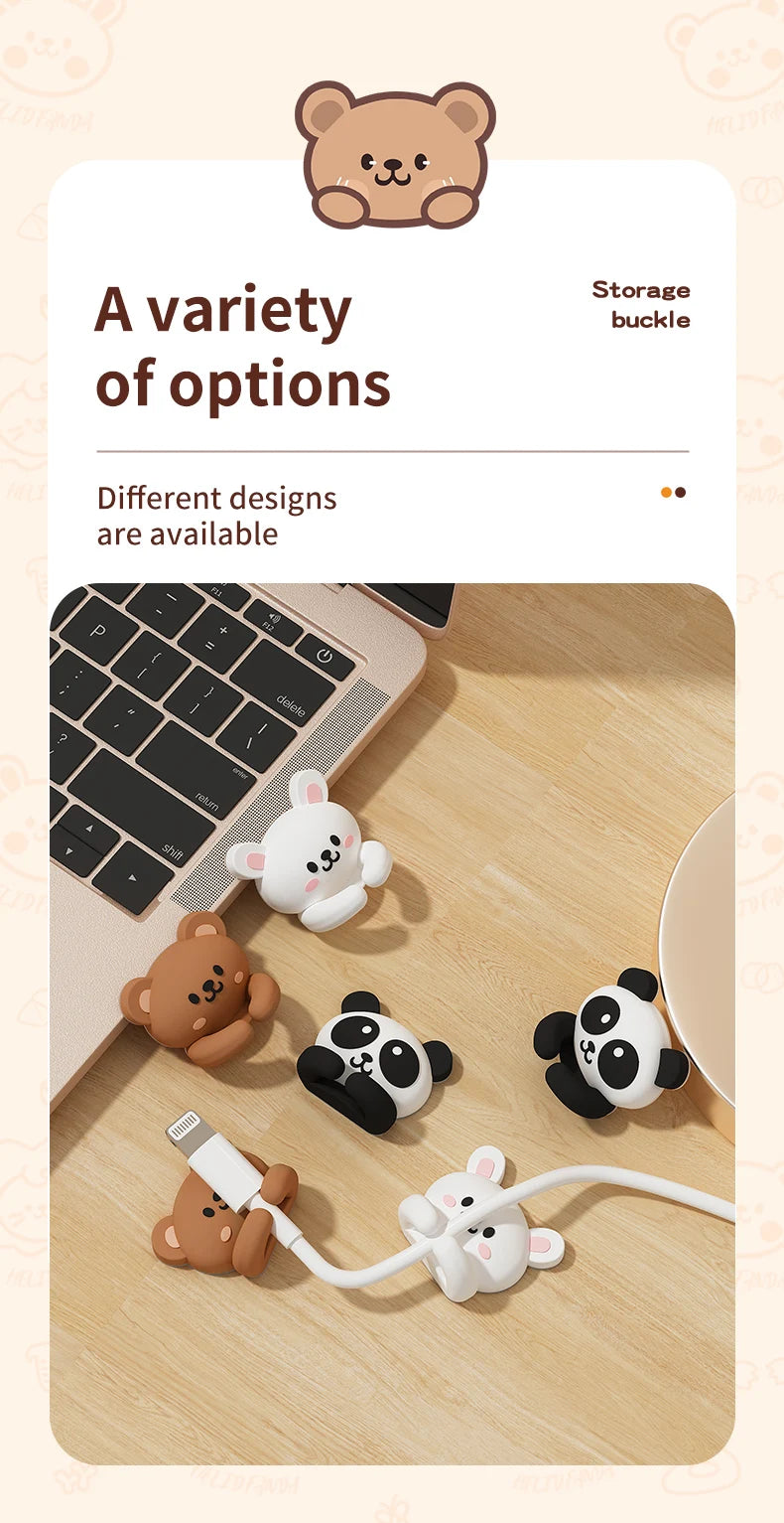 A variety of cartoon bear and panda desk cable organizers in various colors and designs are shown on a wooden surface.