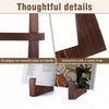 A close-up view of a wooden cookbook holder with smooth edges and a rustic finish.