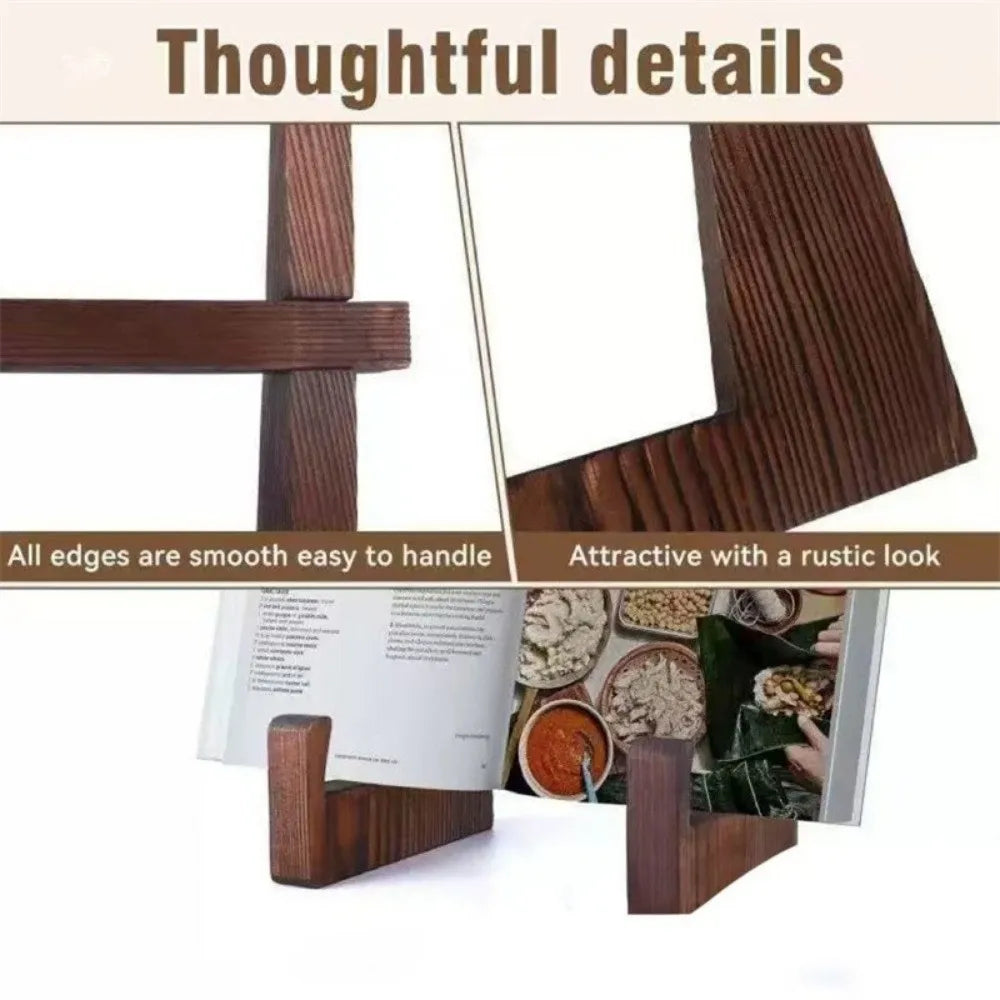 A close-up view of a wooden cookbook holder with smooth edges and a rustic finish.