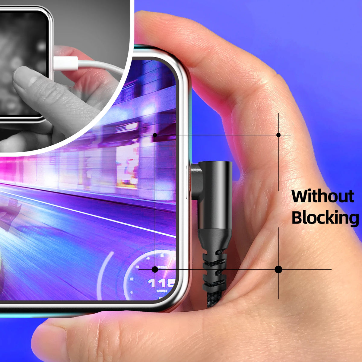 A hand holds a smartphone with a braided USB-C cable connected, demonstrating non-blocking charging.