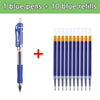Un juego de una pluma azul y diez recargas azules para un bolígrafo de gel multicolor.