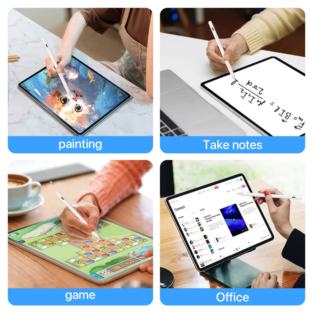 Various applications shown on an iPad and iPhone including painting, taking notes, gaming, and office work.
