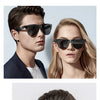 A collection of men and women wearing various styles of black sunglasses for outdoor use.