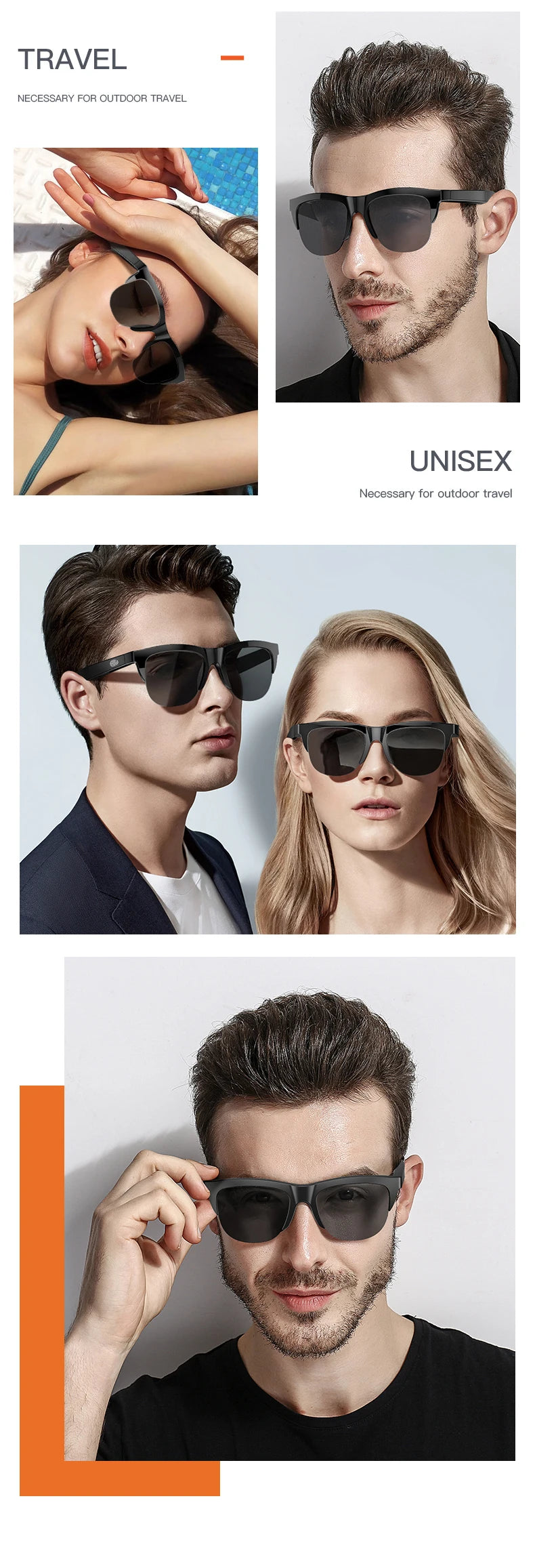 A collection of men and women wearing various styles of black sunglasses for outdoor use.