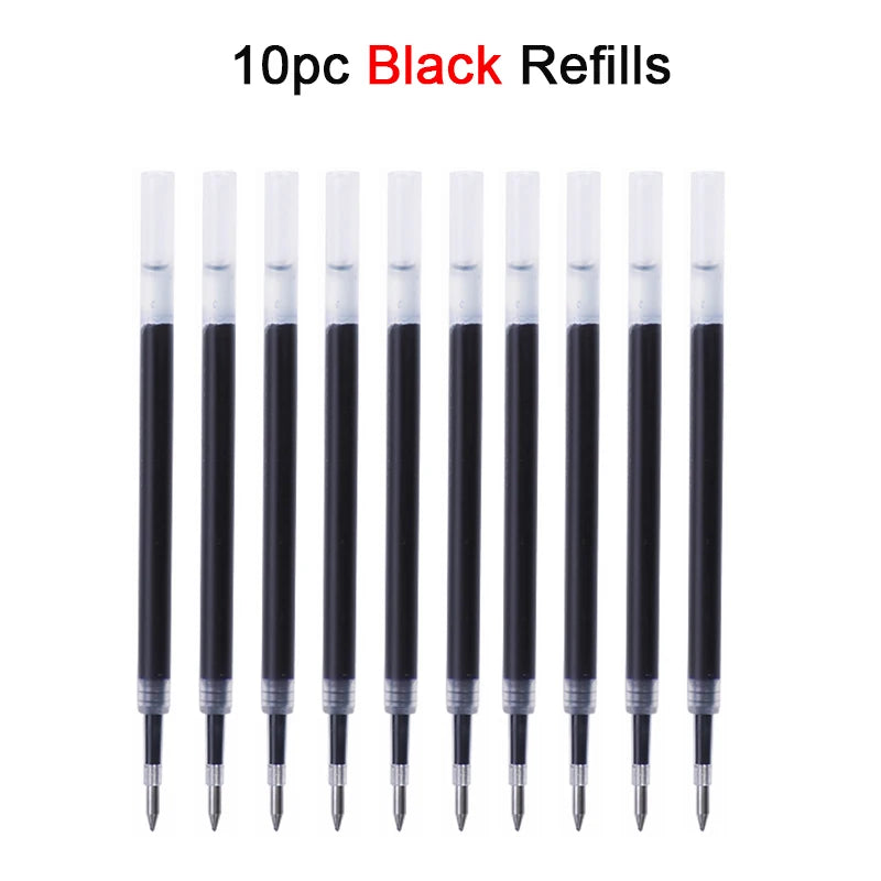 A set of 10 black refills for an anti-slip gel pen with a quick-drying tip.