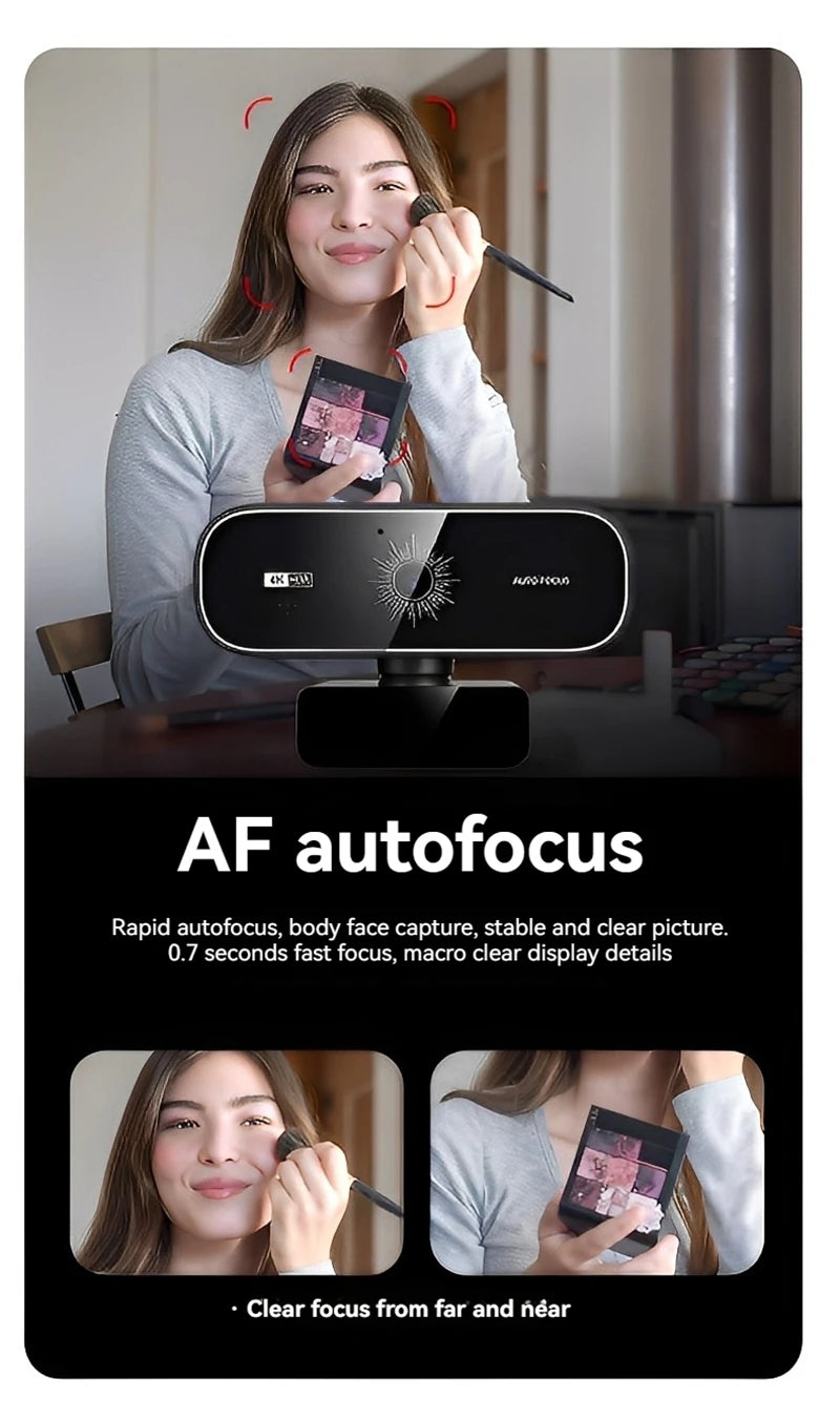 A woman is using a 4K auto-focus webcam for video conferencing, demonstrating its focus capabilities.