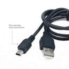Black mini USB data and charging cable with a connector for cameras and other devices