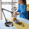 A heavy-duty, multi-angle adjustable phone holder stand is shown next to a plate of food.