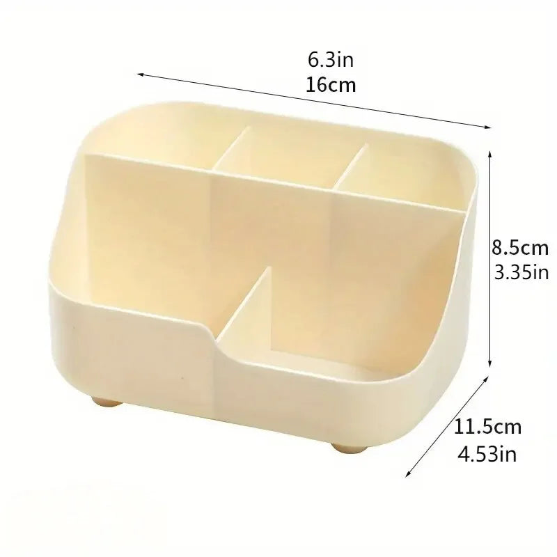 Organizador de escritorio beige de múltiples compartimentos con seis secciones y dimensiones listadas.