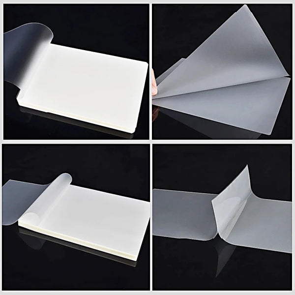 Four views of clear thermal laminating pouches showing the product from different angles.