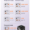 A display showing three modes of a 70W GaN fast charger, including single port, dual port, and three port configurations.