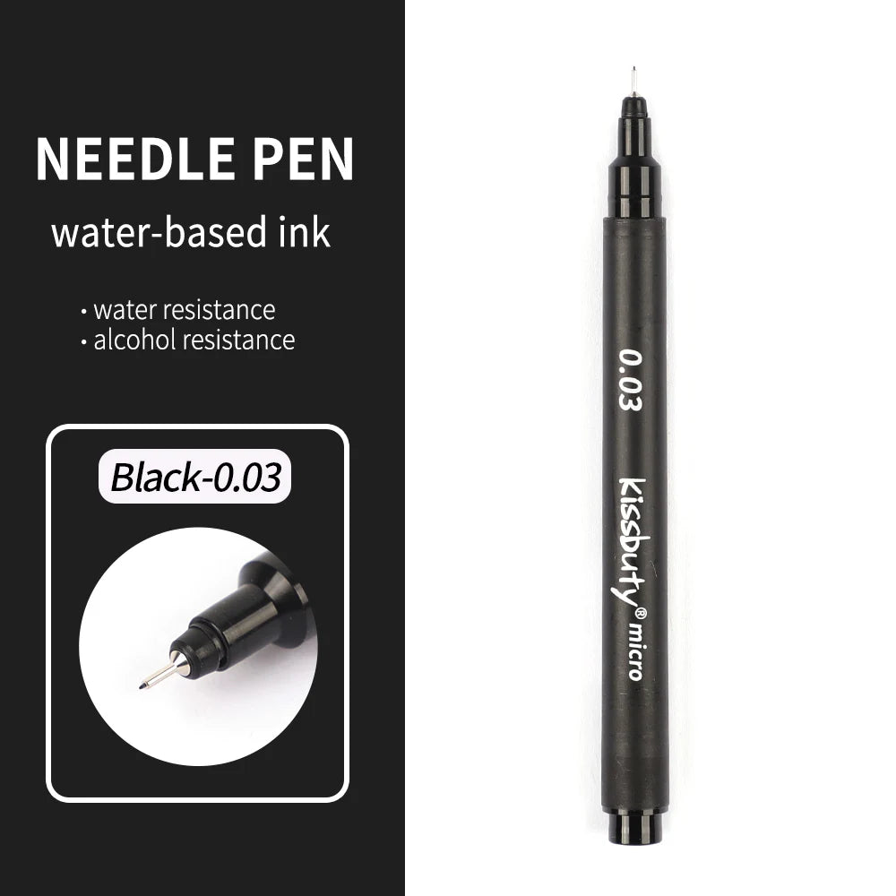 A black needle pen with water-based ink labeled Black-0.03 and a close-up view of the pen tip.