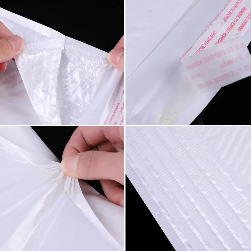 Close-up view of self-sealing pearl film bubble shipping bags showing the clear plastic and sealing mechanism.