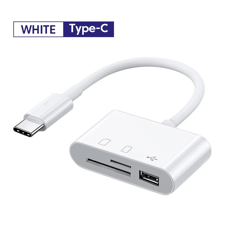 White Type-C cable and adapter for a Multi-Function USB-C Card Reader Adapter