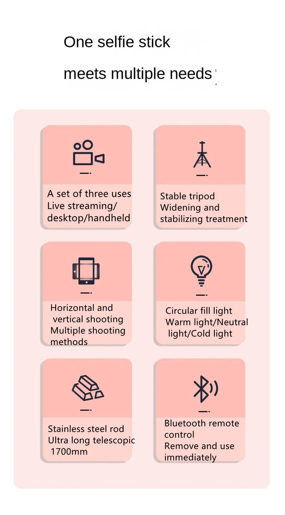 A selfie stick that meets multiple needs including a set of three uses, a tripod, and a Bluetooth remote control.