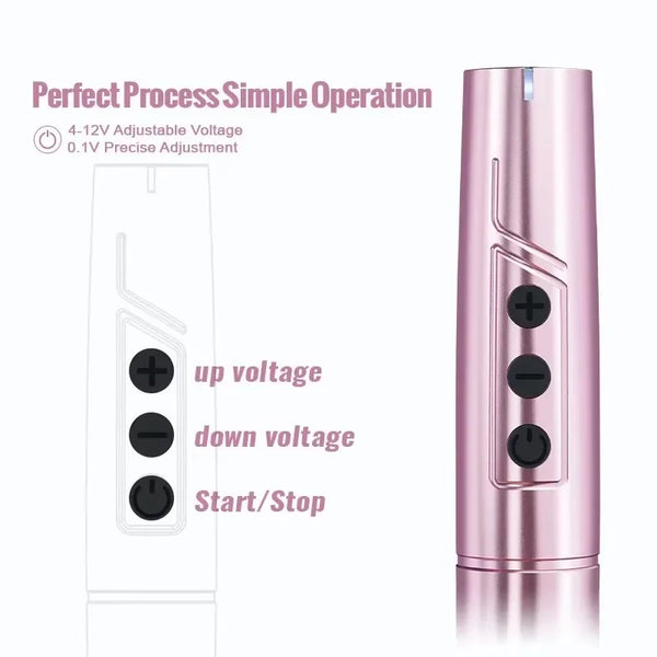 A pink electric permanent makeup tattoo pen with buttons for up voltage, down voltage, and start/stop functions.