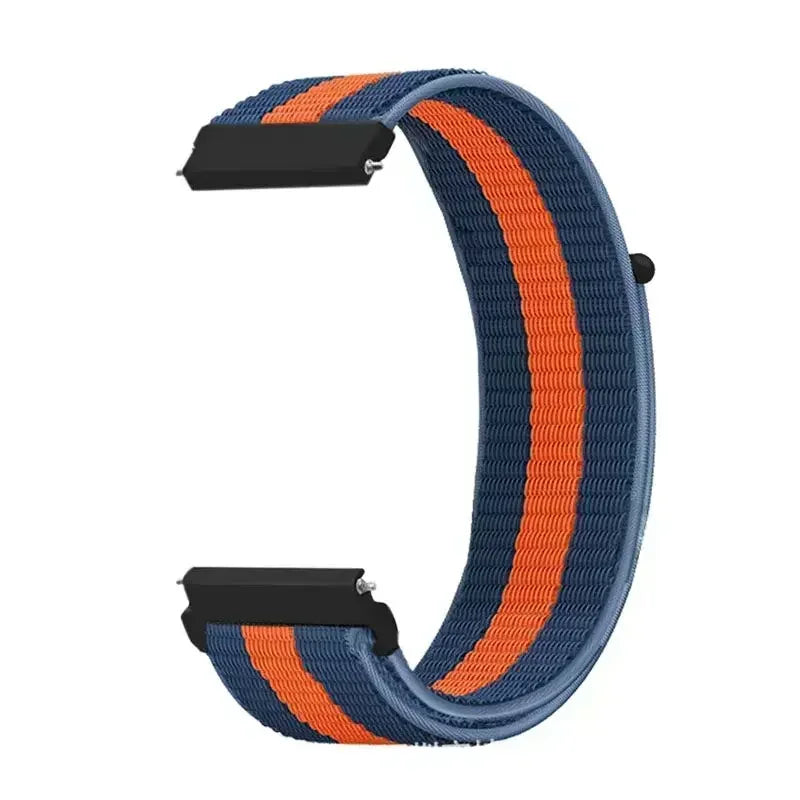 A close-up view of a blue and orange nylon loop watch strap for a child's watch.