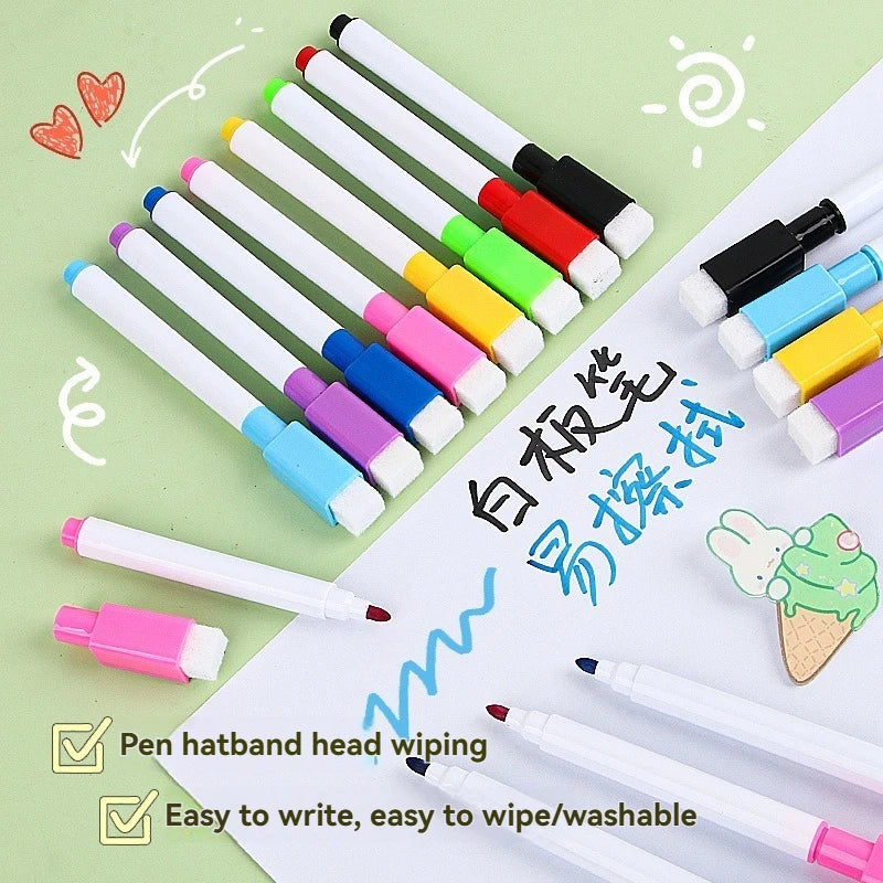 A set of eight colored dry erase markers with magnetic erasers laid out on a white surface.