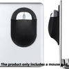 A black slim stick-on mouse holder is shown attached to a white laptop, demonstrating its use.