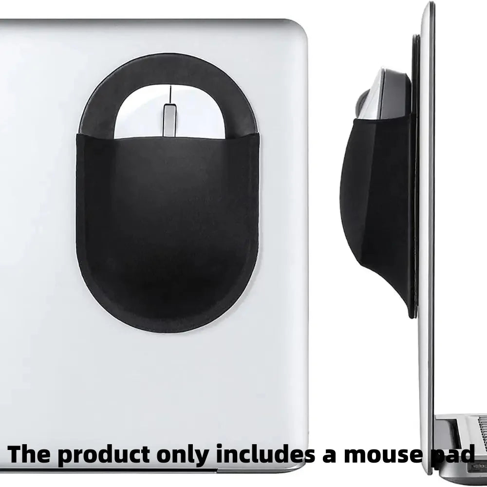 A black slim stick-on mouse holder is shown attached to a white laptop, demonstrating its use.