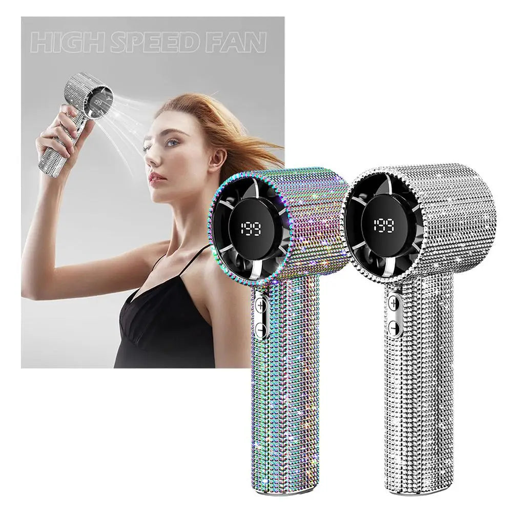 A woman is using a high-speed portable handheld cooling fan with a sparkly silver body and a clear fan blade.