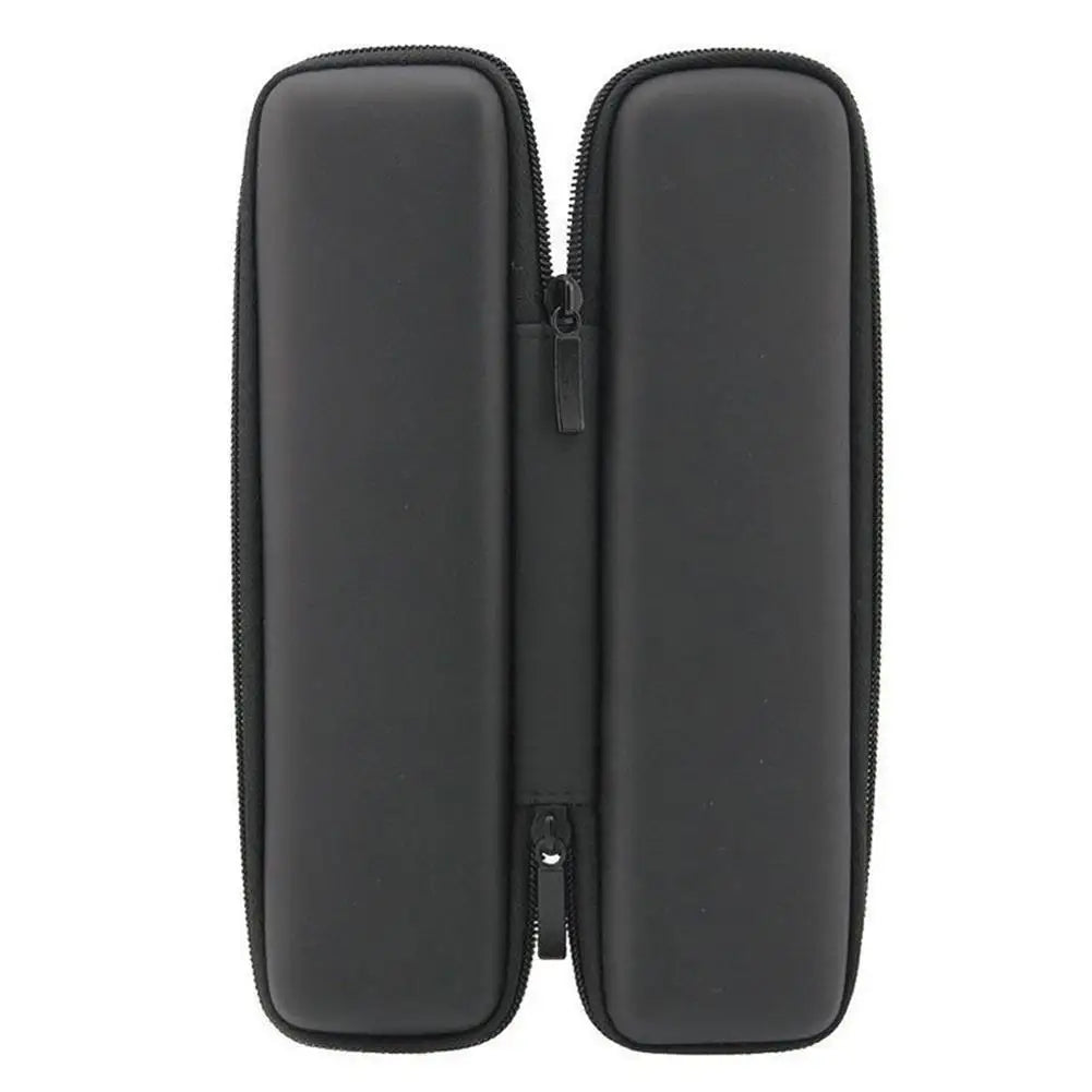 A black compact EVA hard shell pencil case with a zipper and mesh pockets.