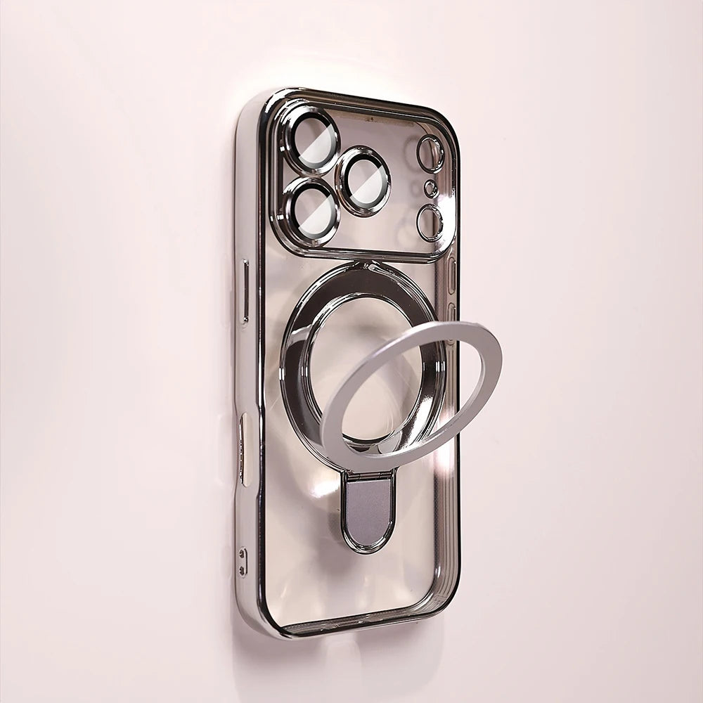 A clear magnetic phone case with a built-in stand for an iPhone, shown against a light background.