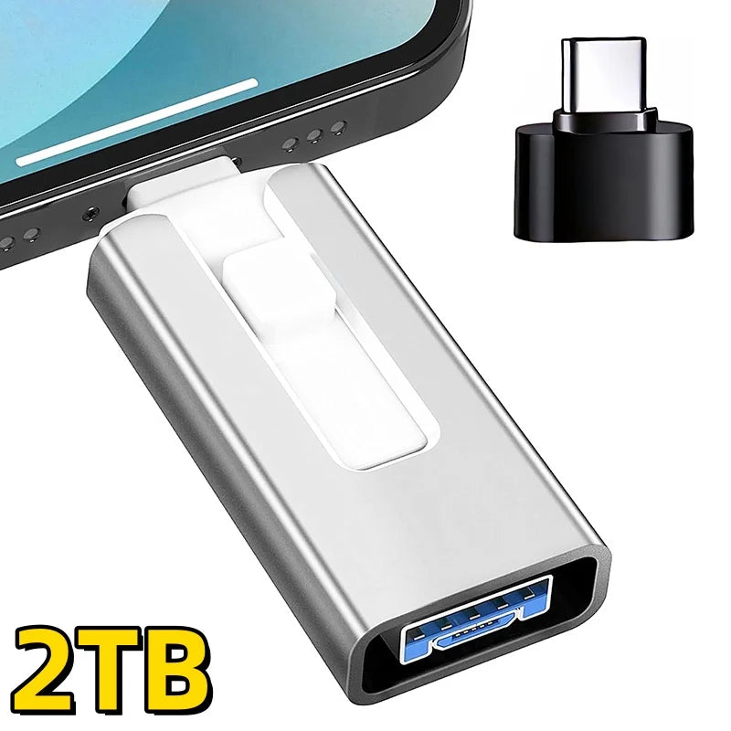 A silver USB 3.0 flash drive with Lightning and Type-C connectors is shown next to a smartphone component.
