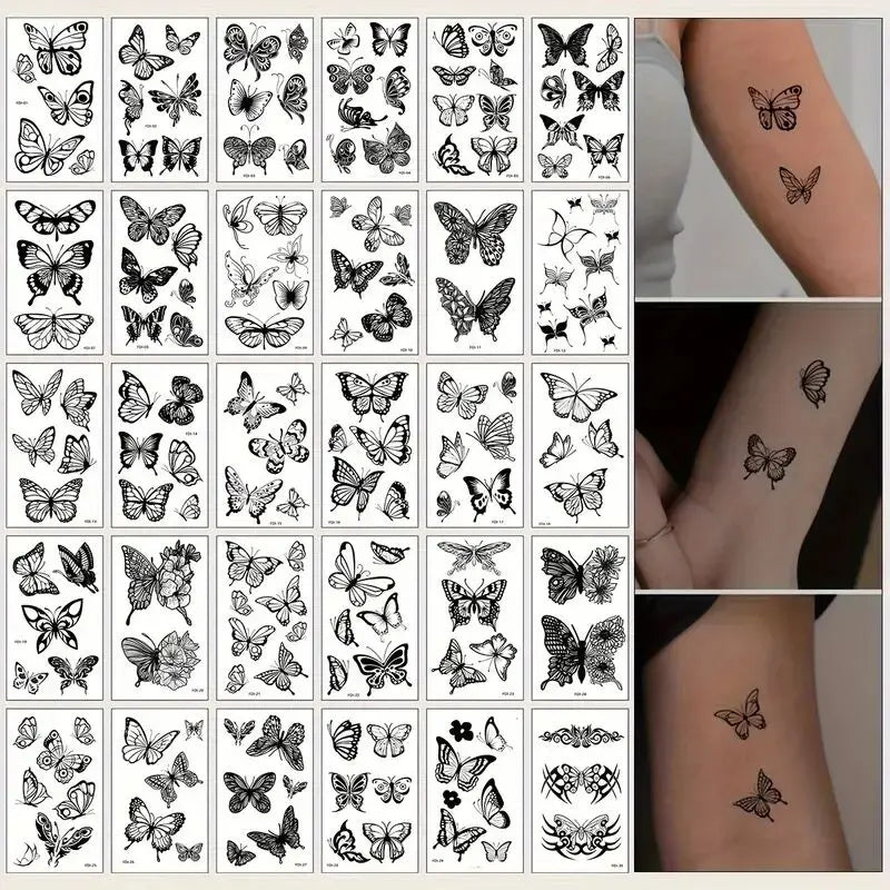 Una cuadrícula de diseños de mariposas para tatuajes temporales y pegatinas.