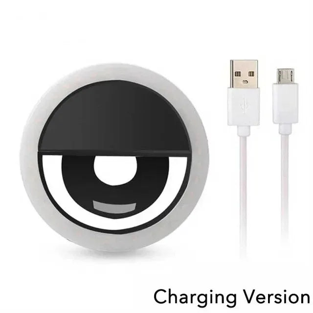 حلقة فوتو ذات إضاءة LED بيضاء بتصميم عين سوداء وكابل شحن USB.