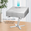 A silver laptop and tablet stand with a thick alloy shaft supporting a device on a wooden surface.