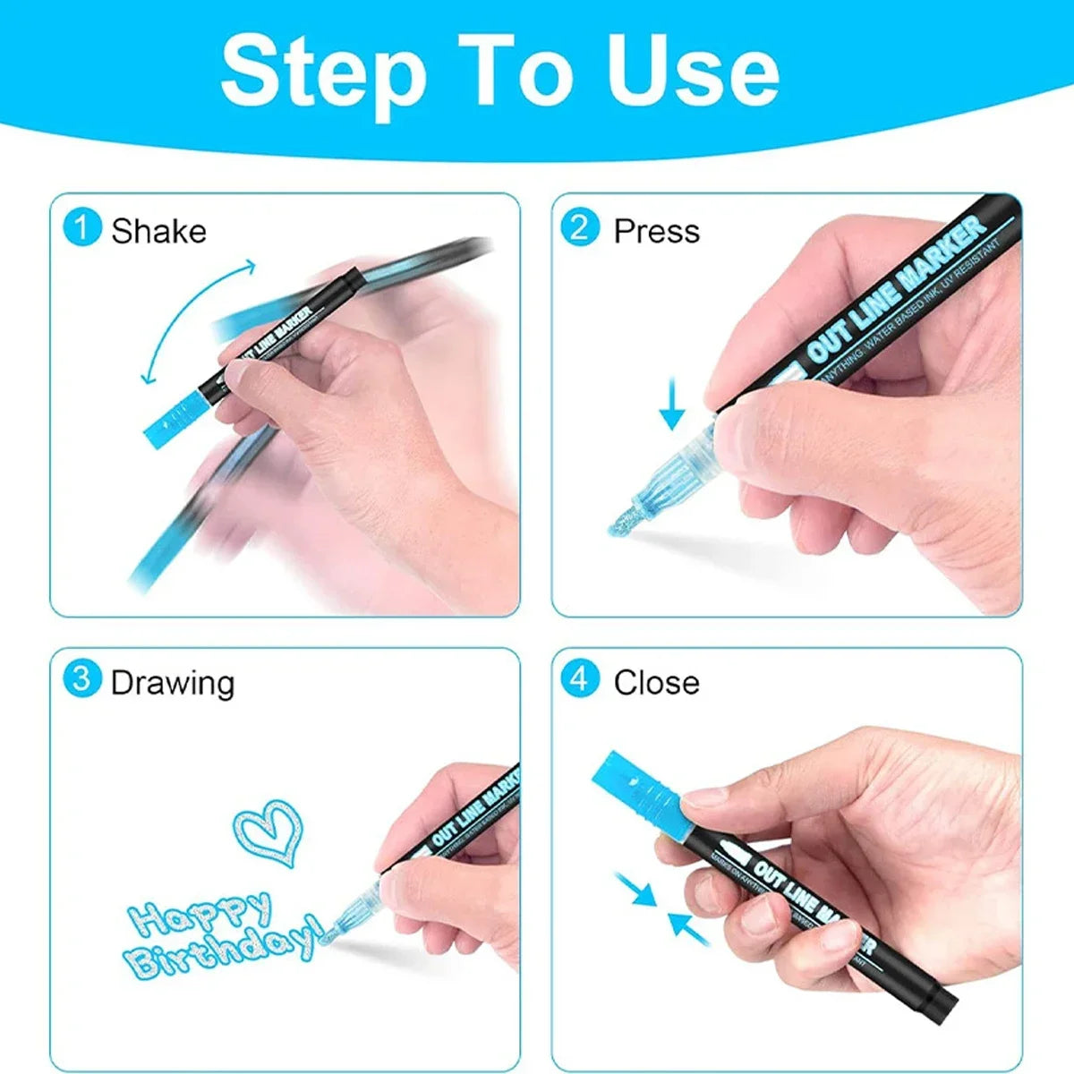 Step-by-step instructions showing how to use a set of double line outline markers for drawing