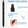 A set of black gel pens is shown with details about its retractable design, fine point ink, and comfortable grip.