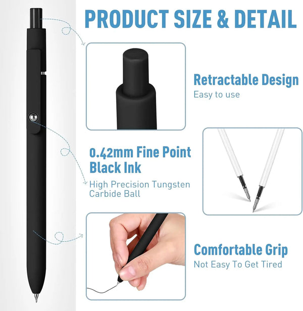 A set of black gel pens is shown with details about its retractable design, fine point ink, and comfortable grip.