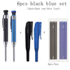 A set of six black and blue metal carpenter pencils with built-in sharpener caps and a box.