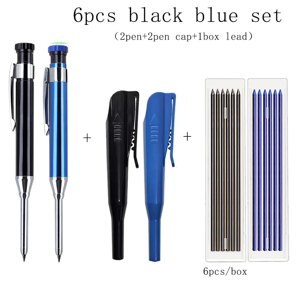 A set of six black and blue metal carpenter pencils with built-in sharpener caps and a box.