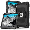 A black durable silicone protective case with a stand for an iPad is shown, featuring the Apple logo.