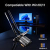 A high-performance Wi-Fi adapter is shown with a monitor and external drive, compatible with Windows 10 and 11.
