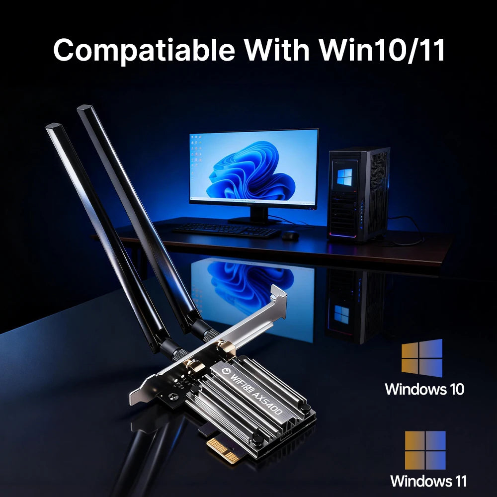 A high-performance Wi-Fi adapter is shown with a monitor and external drive, compatible with Windows 10 and 11.
