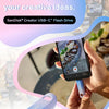 A blue SanDisk Creator USB-C flash drive is shown being used to transfer creative ideas on a mobile device.