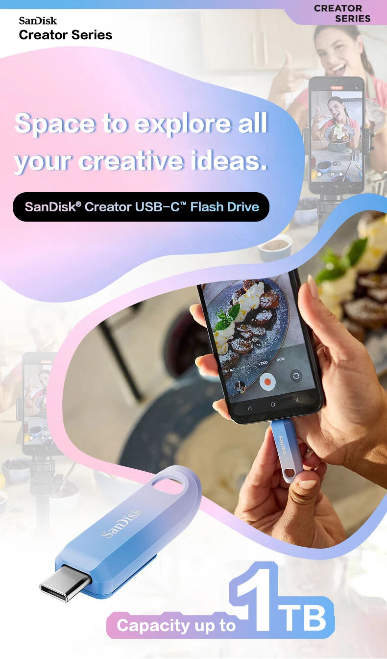 A blue SanDisk Creator USB-C flash drive is shown being used to transfer creative ideas on a mobile device.