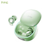 A pair of light green HTC invisible sleep earbuds in their charging case.