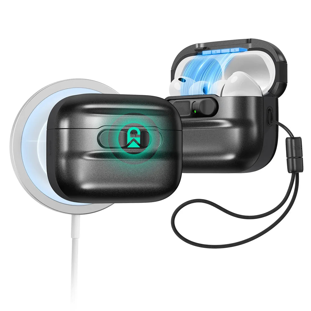 A black magnetic case for AirPods Pro is shown with a glowing green indicator and a white charging cable.