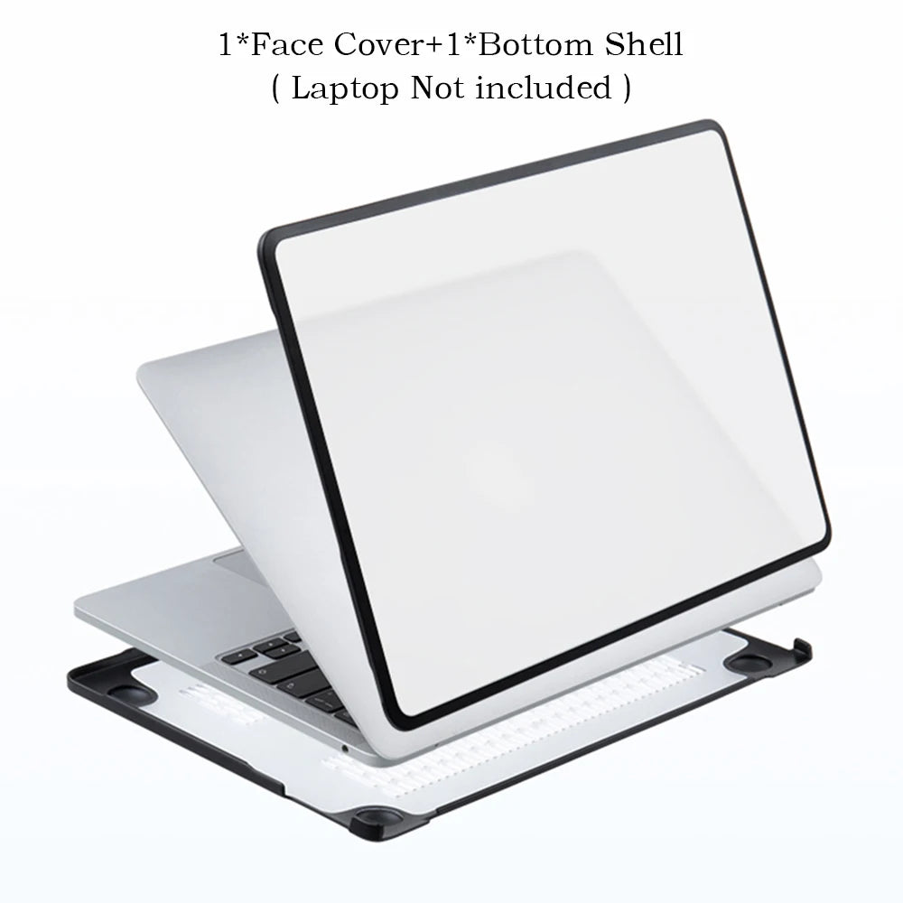 A white laptop is shown with a black face cover and bottom shell, resting on a protective case.
