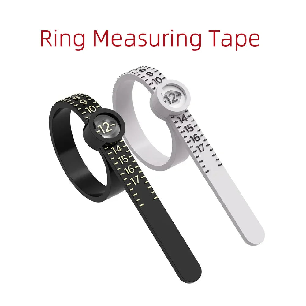 A black ring measuring tape is shown next to a white ring, demonstrating how to measure rings.