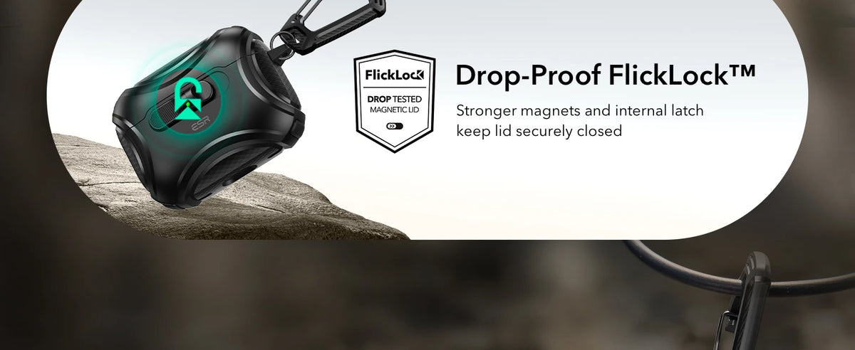 A black magnetic case for AirPods featuring a FlickLock closure mechanism.
