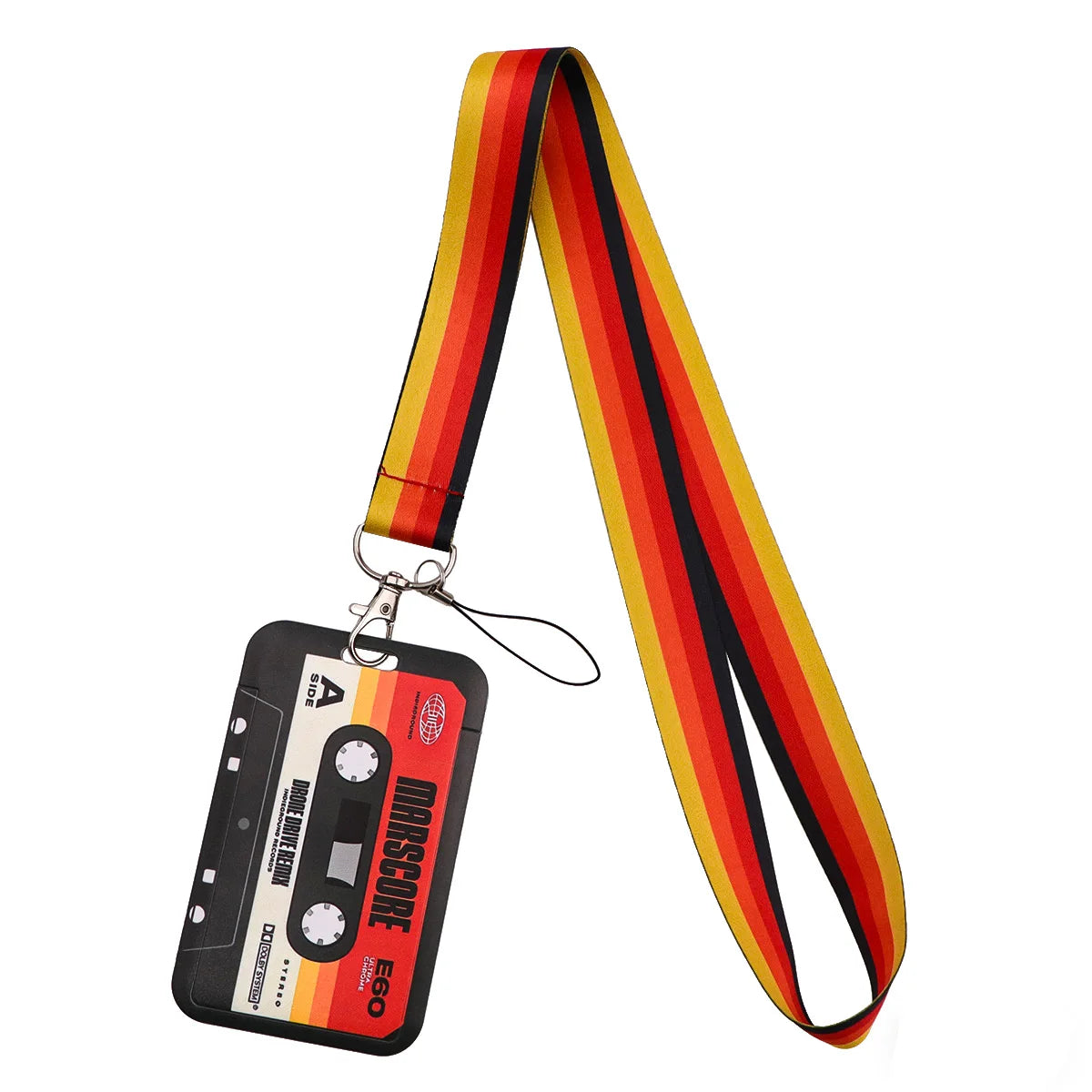A lanyard featuring a vintage cassette tape design and an ID badge holder with a multicolored striped strap.